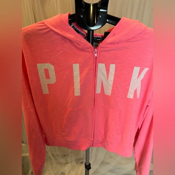 Victoria’s Secret PINK Cropped Zip Hoodie Neon Pink Logo Size M - Picture 5 of 9